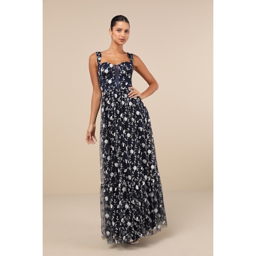 Gala Invite Navy Blue Embroidered Tulle Bustier Maxi Dress